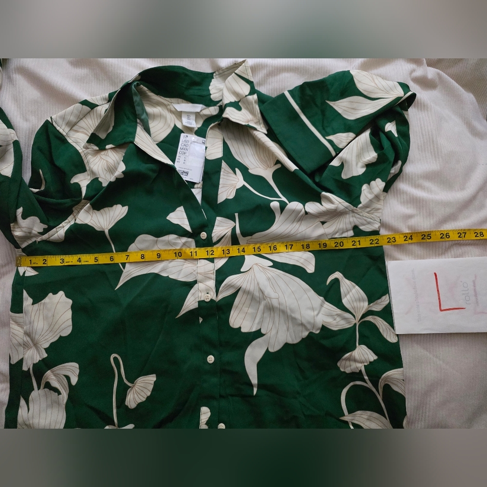 H&m Co-ord Set pajama style shirt × flowy pants floral green ecru BNWT - Picture 5 of 15